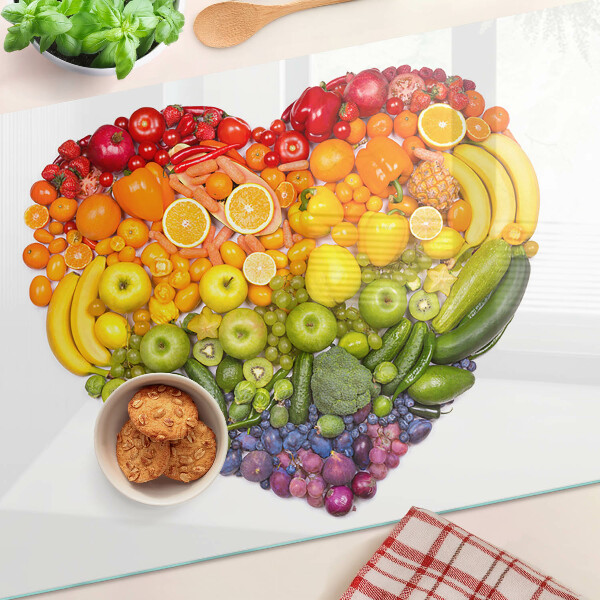 Tagliere in vetro temperato con motivo a cuore di frutta nei colori dell'arcobaleno