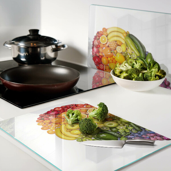 Tagliere in vetro temperato con motivo a cuore di frutta nei colori dell'arcobaleno