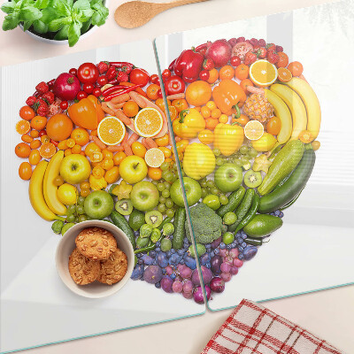 Tagliere in vetro temperato con motivo a cuore di frutta nei colori dell'arcobaleno