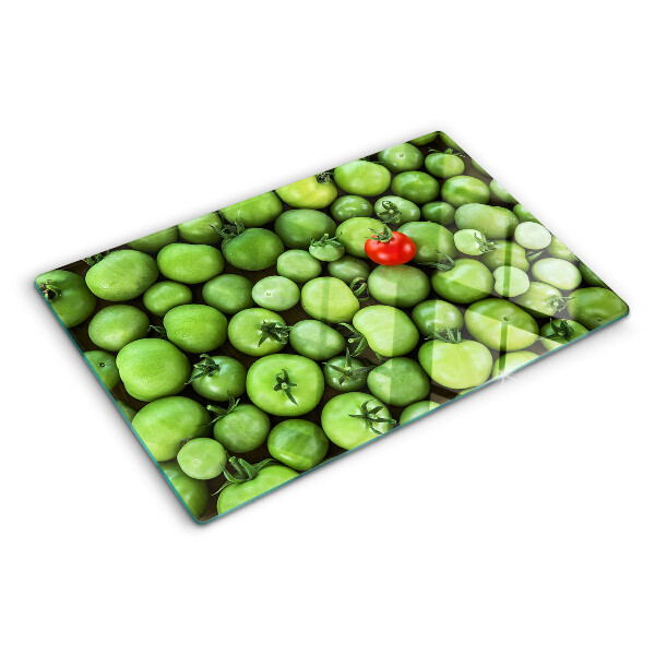 Tagliere in vetro temperato con stampa di pomodori verdi e dettagli in rosso