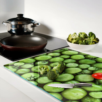 Tagliere in vetro temperato con stampa di pomodori verdi e dettagli in rosso