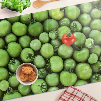 Tagliere in vetro temperato con stampa di pomodori verdi e dettagli in rosso