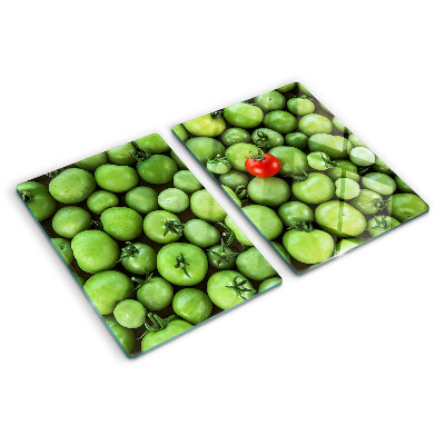 Tagliere in vetro temperato con stampa di pomodori verdi e dettagli in rosso