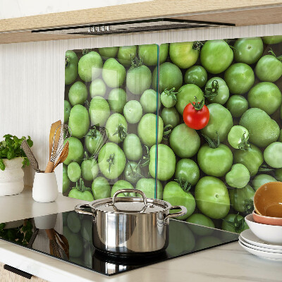 Tagliere in vetro temperato con stampa di pomodori verdi e dettagli in rosso