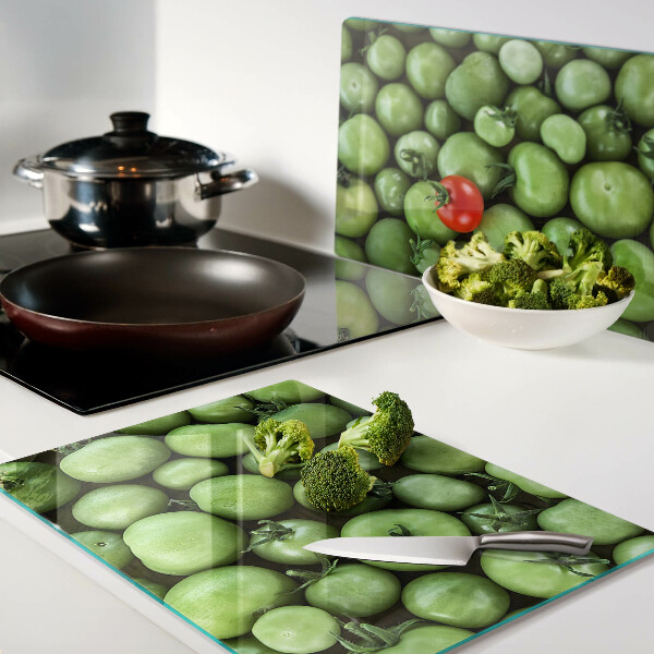 Tagliere in vetro temperato con stampa di pomodori verdi e dettagli in rosso