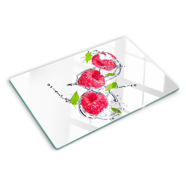 Tagliere in vetro temperato con stampa di lamponi in acqua e foglie