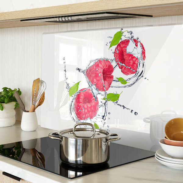 Tagliere in vetro temperato con stampa di lamponi in acqua e foglie