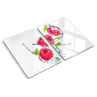 Tagliere in vetro temperato con stampa di lamponi in acqua e foglie