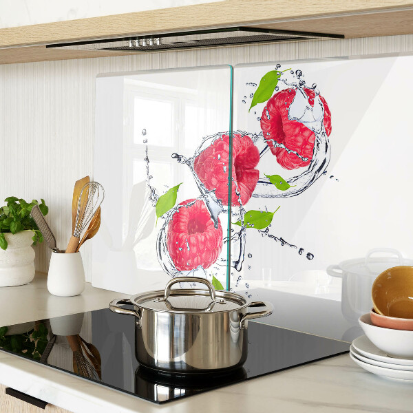 Tagliere in vetro temperato con stampa di lamponi in acqua e foglie