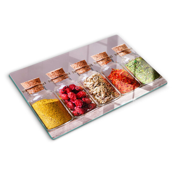 Tagliere in vetro temperato con motivo spezie in barattoli su stampa
