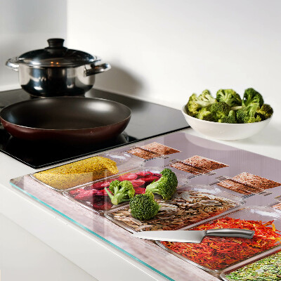 Tagliere in vetro temperato con motivo spezie in barattoli su stampa