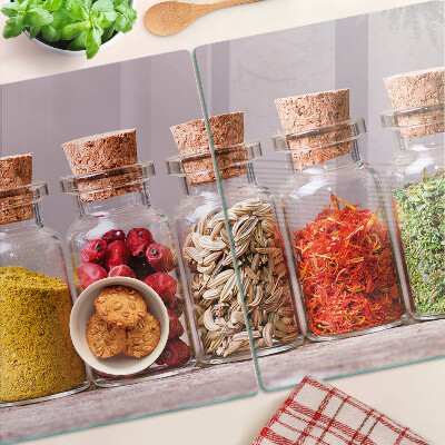 Tagliere in vetro temperato con motivo spezie in barattoli su stampa