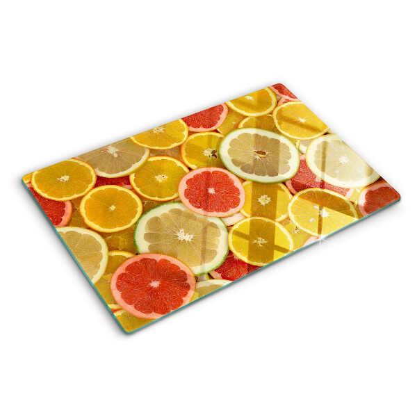 Tagliere in vetro temperato con motivo di agrumi nei colori dell'arcobaleno