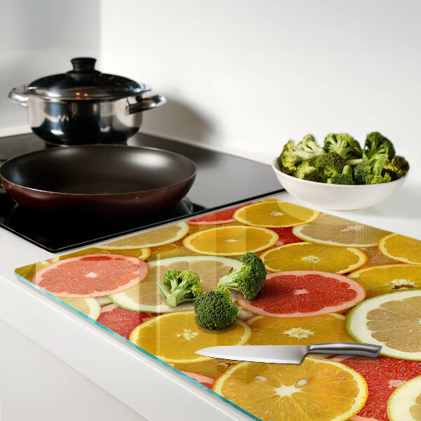 Tagliere in vetro temperato con motivo di agrumi nei colori dell'arcobaleno
