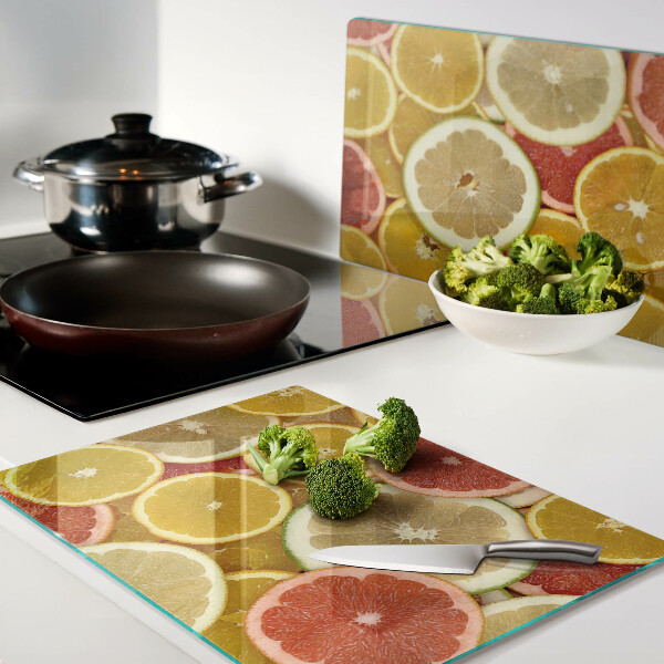 Tagliere in vetro temperato con motivo di agrumi nei colori dell'arcobaleno