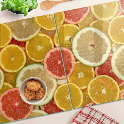 Tagliere in vetro temperato con motivo di agrumi nei colori dell'arcobaleno