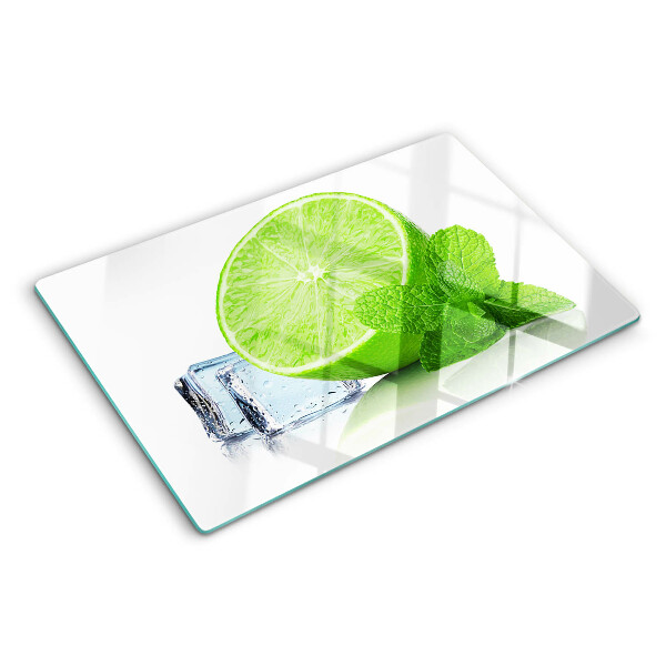 Tagliere in vetro temperato con decorazione a lime, menta e ghiaccio