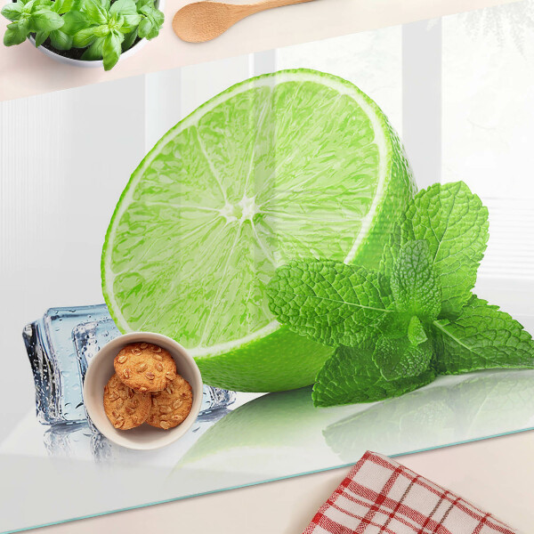 Tagliere in vetro temperato con decorazione a lime, menta e ghiaccio