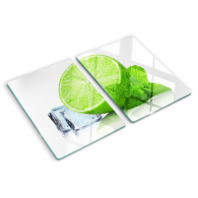 Tagliere in vetro temperato con decorazione a lime, menta e ghiaccio