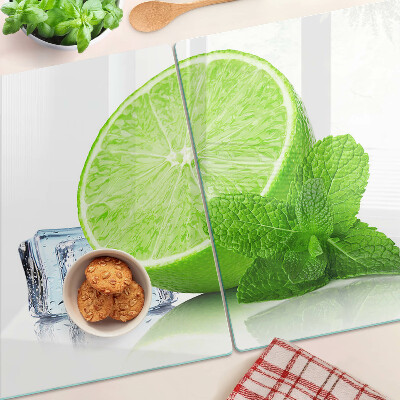 Tagliere in vetro temperato con decorazione a lime, menta e ghiaccio