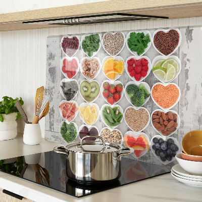 Tagliere in vetro temperato con decorazione a motivo di frutta e verdura a forma di cuore