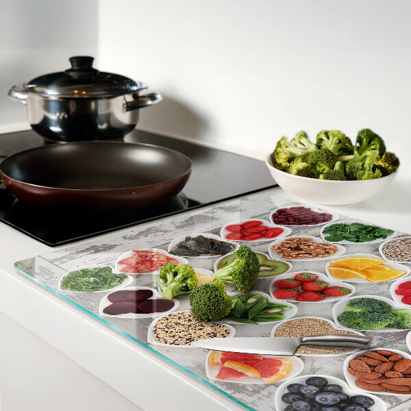 Tagliere in vetro temperato con decorazione a motivo di frutta e verdura a forma di cuore