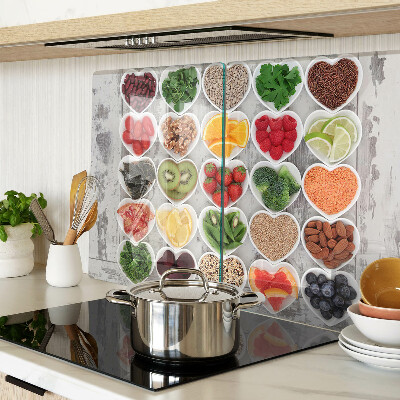 Tagliere in vetro temperato con decorazione a motivo di frutta e verdura a forma di cuore