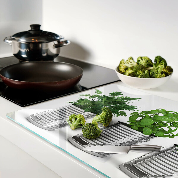 Tagliere in vetro temperato con stampa di piante in vasi di metallo