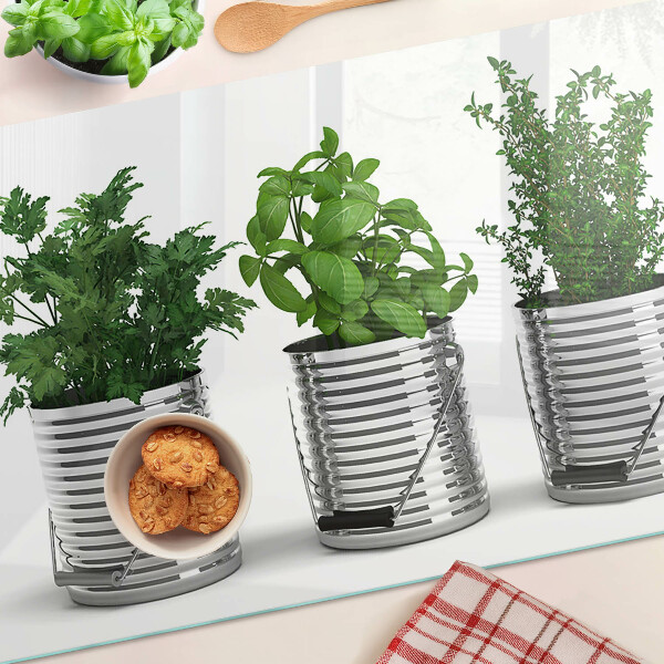 Tagliere in vetro temperato con stampa di piante in vasi di metallo