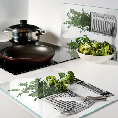 Tagliere in vetro temperato con stampa di piante in vasi di metallo