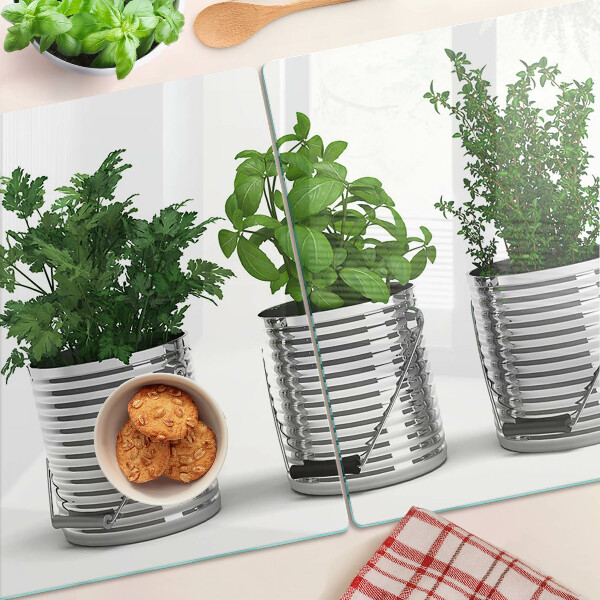 Tagliere in vetro temperato con stampa di piante in vasi di metallo