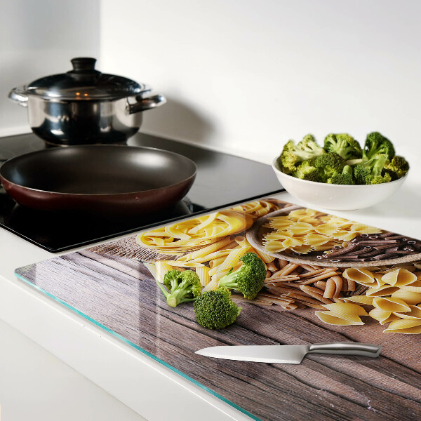 Tagliere in vetro temperato con motivo a pasta e dettagli in legno