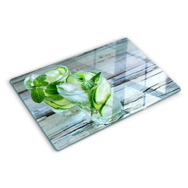 Tagliere in vetro temperato con stampa a motivo cocktail con menta e cetriolo