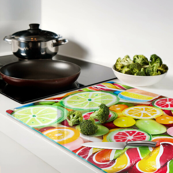 Tagliere in vetro temperato con motivo di dolci caramelle e frutta