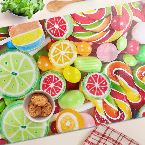 Tagliere in vetro temperato con motivo di dolci caramelle e frutta