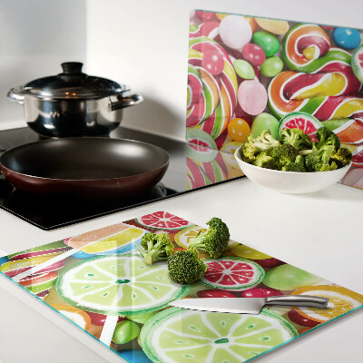 Tagliere in vetro temperato con motivo di dolci caramelle e frutta