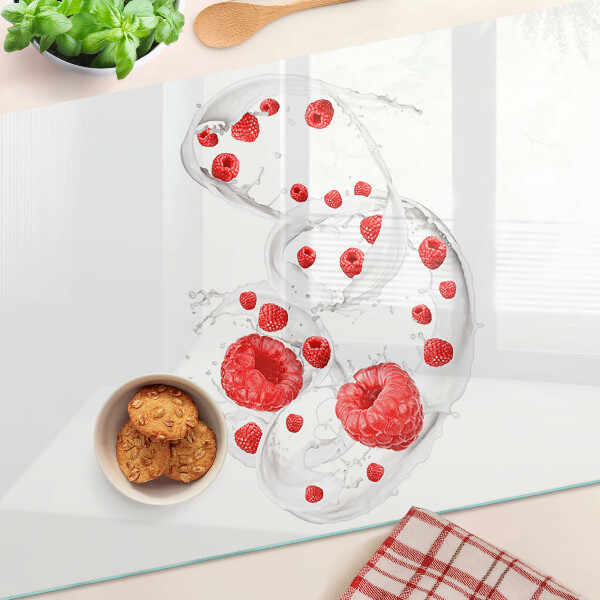 Tagliere in vetro temperato con stampa raffigurante bollicine di lampone in acqua