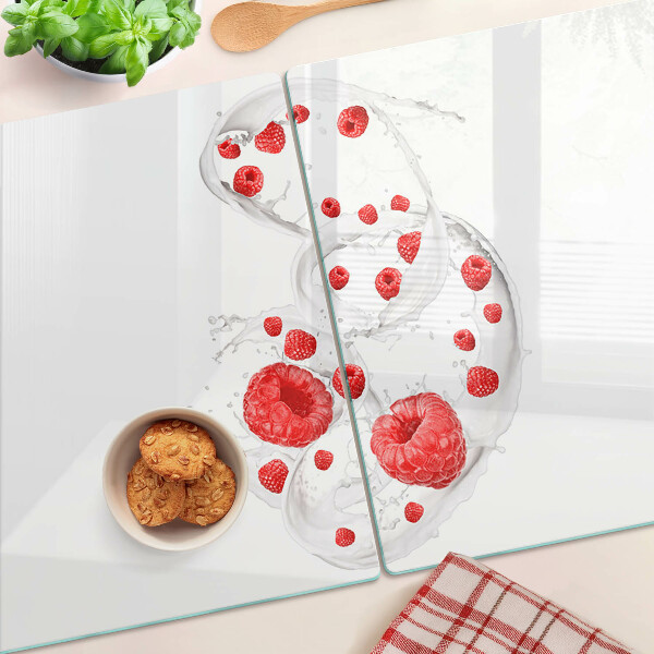 Tagliere in vetro temperato con stampa raffigurante bollicine di lampone in acqua