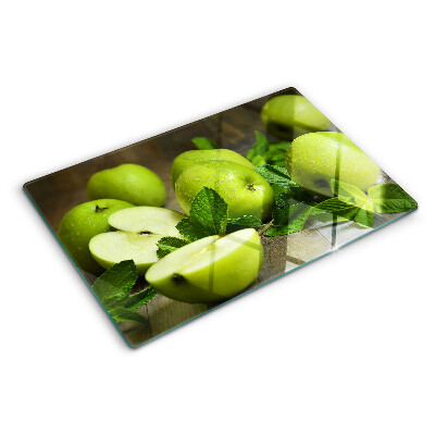 Tagliere in vetro temperato con stampa di mele verdi e foglie di menta