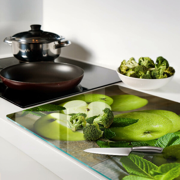 Tagliere in vetro temperato con stampa di mele verdi e foglie di menta