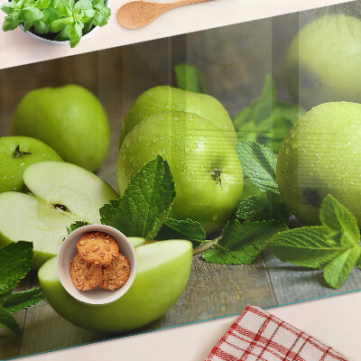 Tagliere in vetro temperato con stampa di mele verdi e foglie di menta