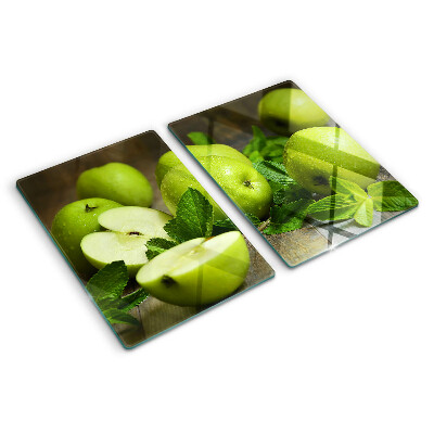 Tagliere in vetro temperato con stampa di mele verdi e foglie di menta