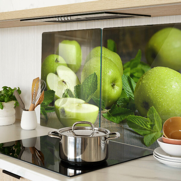 Tagliere in vetro temperato con stampa di mele verdi e foglie di menta
