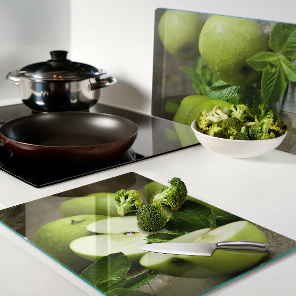 Tagliere in vetro temperato con stampa di mele verdi e foglie di menta