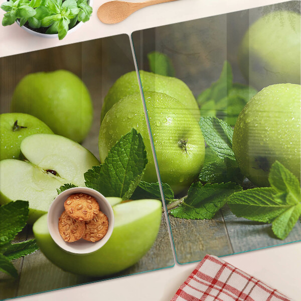Tagliere in vetro temperato con stampa di mele verdi e foglie di menta