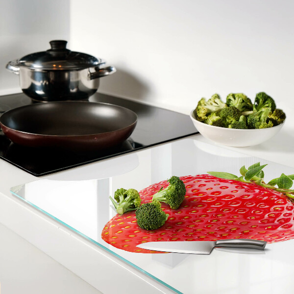 Tagliere in vetro temperato con stampa di fragole su sfondo bianco