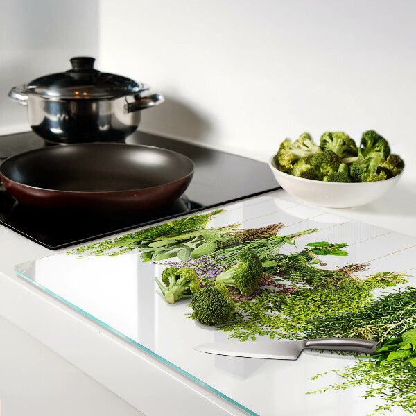 Tagliere in vetro con motivo di erbe in vasi appesi