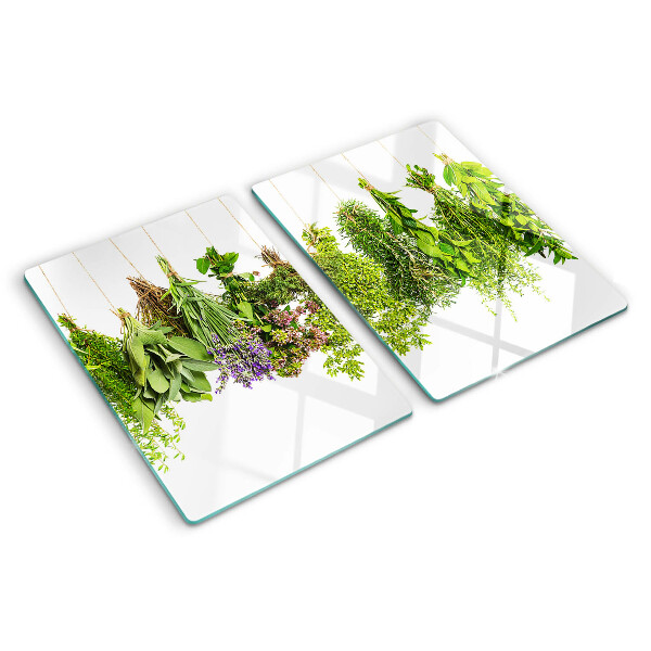Tagliere in vetro con motivo di erbe in vasi appesi