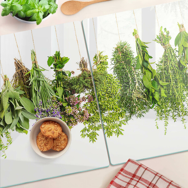 Tagliere in vetro con motivo di erbe in vasi appesi