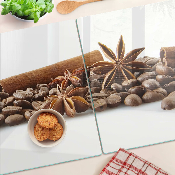 Tagliere in vetro con decorazione a spezie e chicchi di caffè